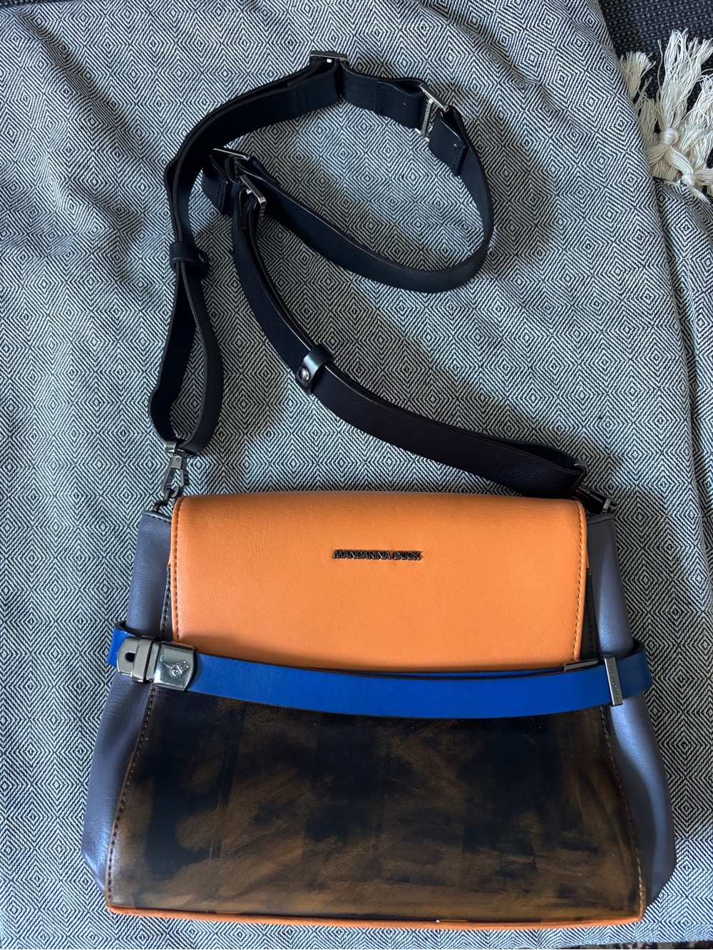 Colorblock Leather Crossbody Bag in Orange, Blue and Black - Designer Style